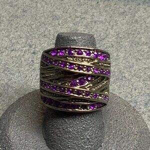 Chunky Purple Rhinestone Ring Size 7 As Is Gunmetal Silver Statement Multi Bands